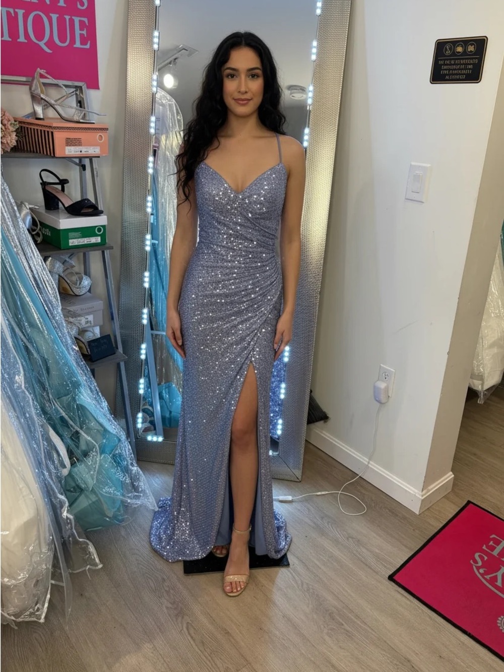 Sparkling Periwinkle Sequin Spaghetti-Strap Evening Gown